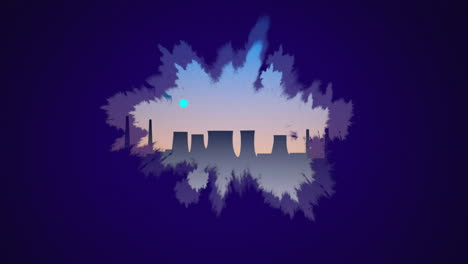 animación de fuegos artificiales recortados sobre edificios de fábricas industriales en fondo oscuro