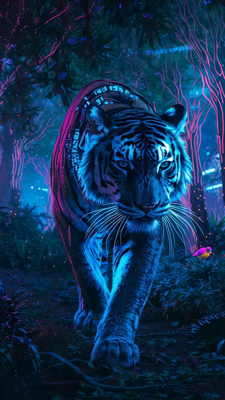 Vertical video: Entering tiger walking toward camera in neon forest with harness and glowing bird