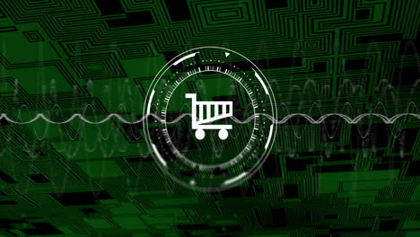 shopping cart icon animation over green geometric patterns and waveforms