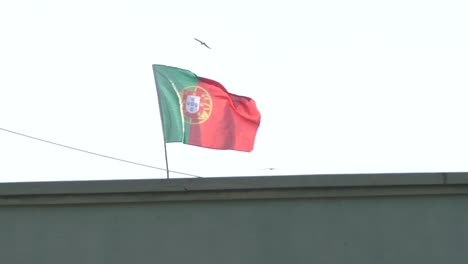 Bandera-De-Portugal-Ondeando-En-El-Viento-En-La-Parte-Superior-Del-Edificio-En-Malir,-Karachi
