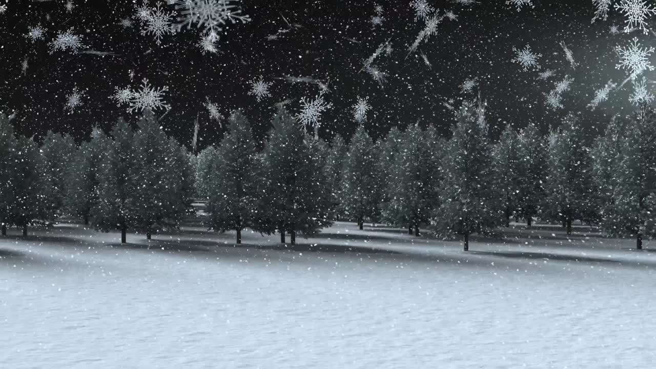 animación de la caída de nieve y luces sobre el paisaje de invierno