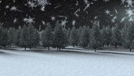 animation of snow falling and spot lights over winter landscape