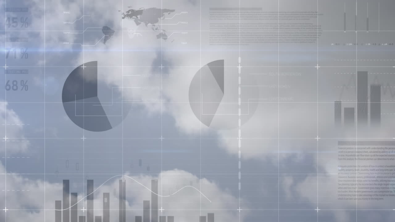 Animation of statistics processing over clouds and sky