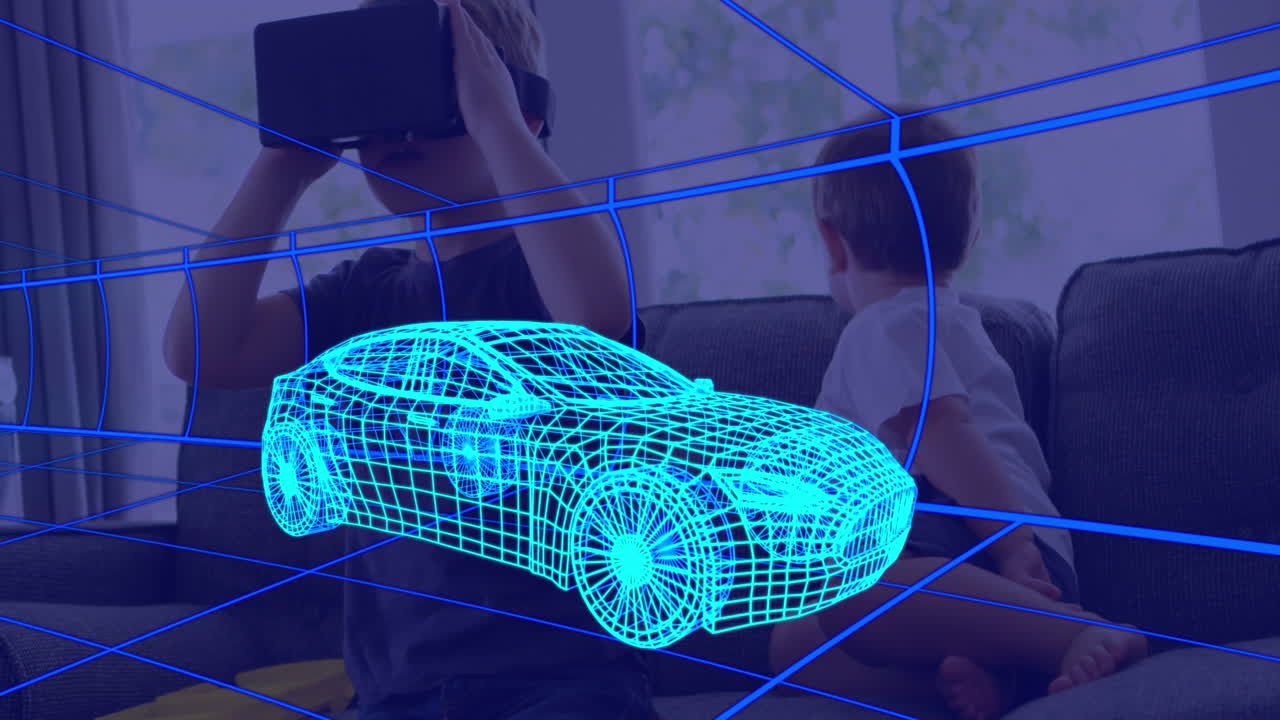 vr 헤드 ⁇ 을 착용한 집에 있는 소년, 자동차의 3d 기술 도면의 애니메이션