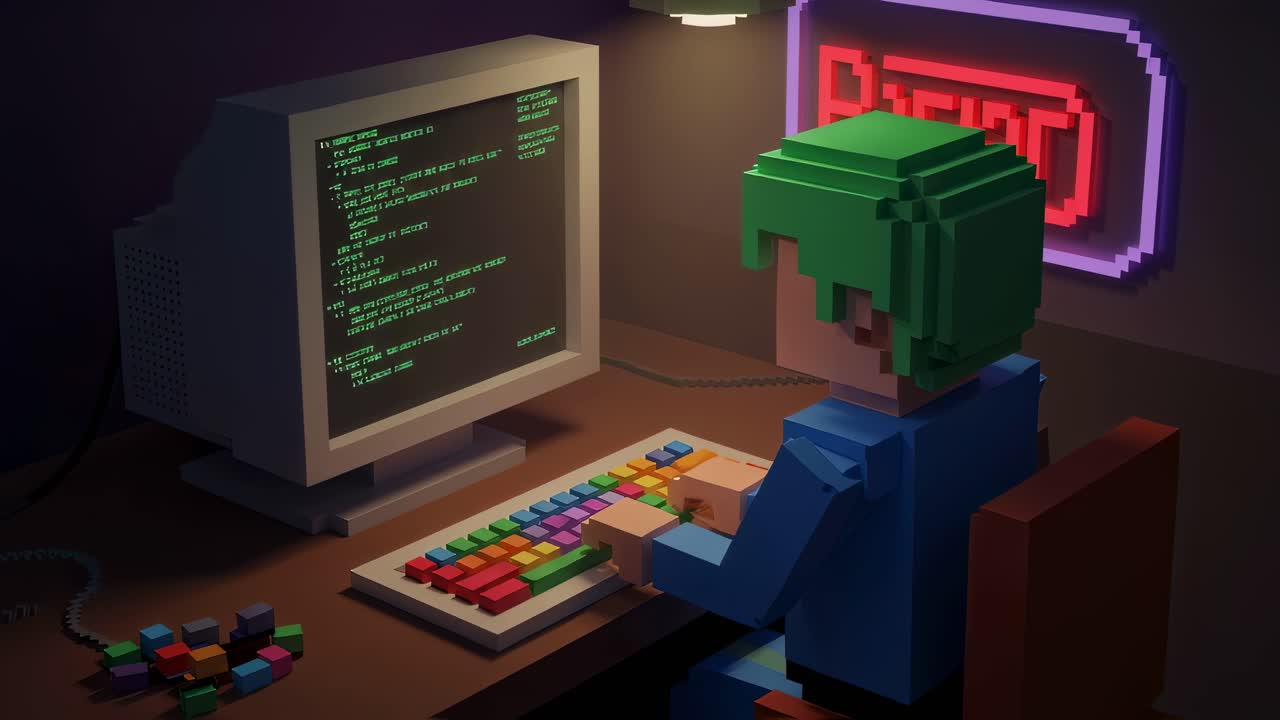 Engaging in a creative coding session within a nostalgic low-fi retro workspace adorned with lively and vibrant pixel art designs