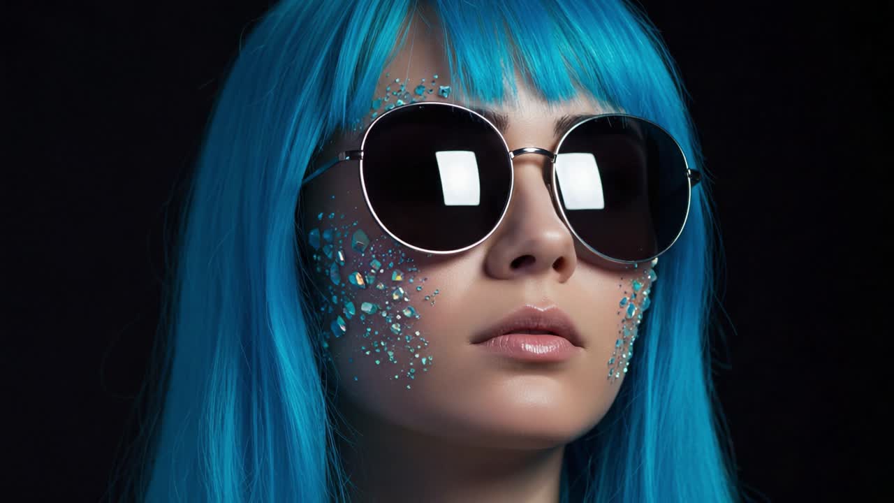 Captivating Expression: A Fashion-Forward Individual with Vibrant Blue Hair and Striking Makeup, Posing Elegantly in Sunglasses Against a Dark Background