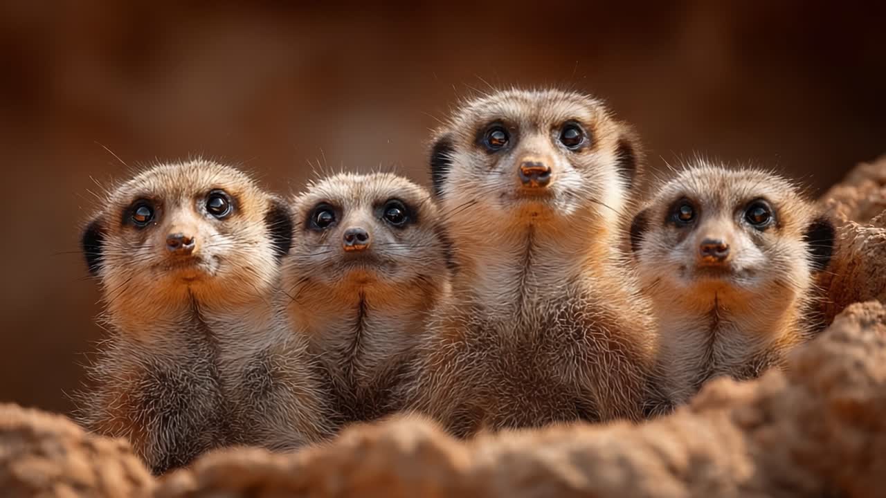 Curious Meerkats Peering Together: A Close-Up Encounter with a Group of Meerkats in Their Natural Habitat, Showcasing Their Distinctive Features and Expressions