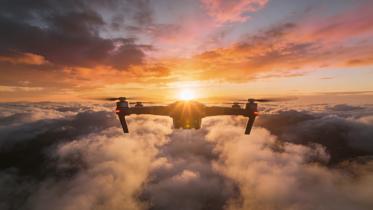 Flyvende quadcopter drone på vej mod solen, mens solen står op, viser gimbal og røde lys over skyerne.