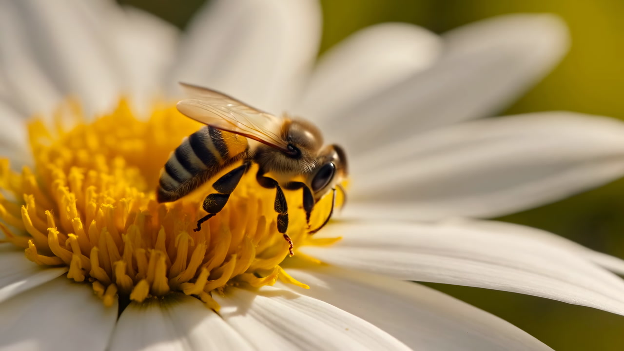Bee On Daisy Gathering Pollen And Nectar, Close Macro Shot Of Honeybee Feeding On Yellow Disc, Translucent