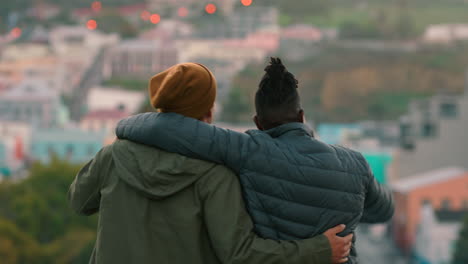 Friends,-city-and-handshake-with-a-black-man