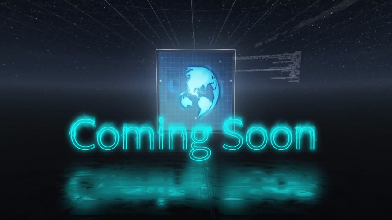 곧 오는 애니메이션: 연결 네트워크를 통해 텍스트와 검은색 배경의 지구