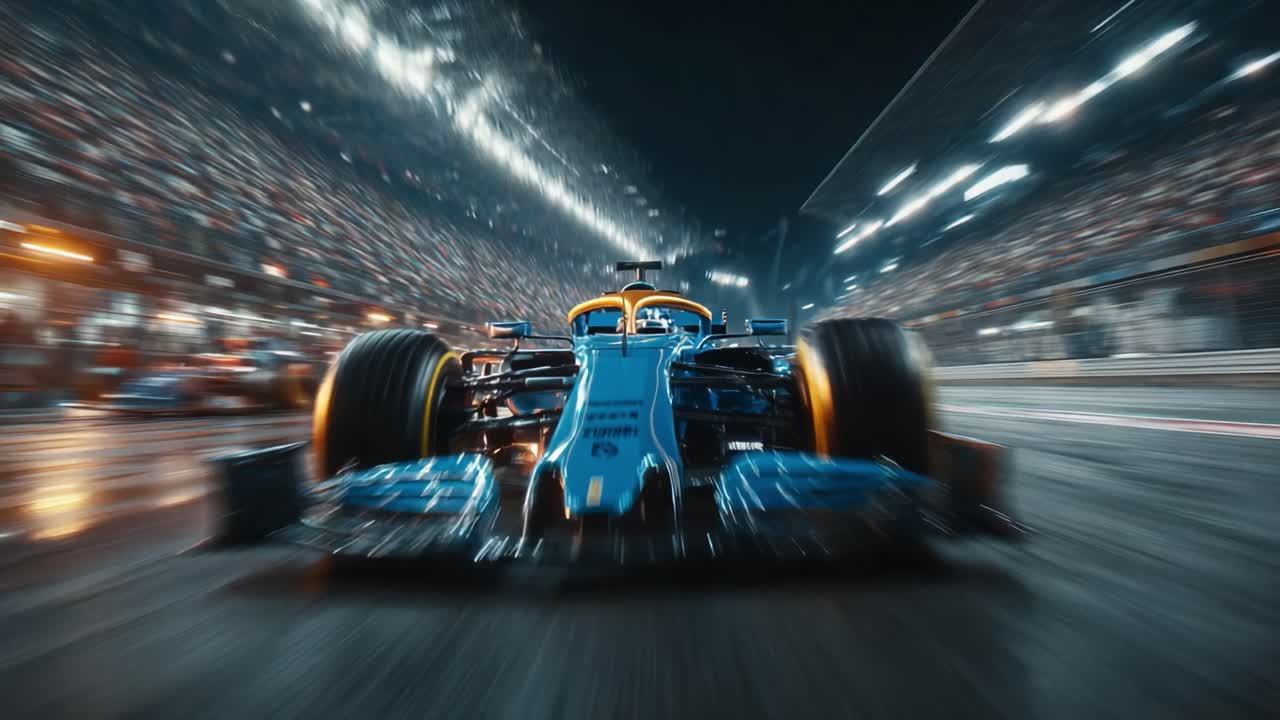 L'emozionante viaggio di un'auto da corsa in movimento ad alta velocità: catturare l'essenza delle corse di Formula 1 sotto le luci dello stadio