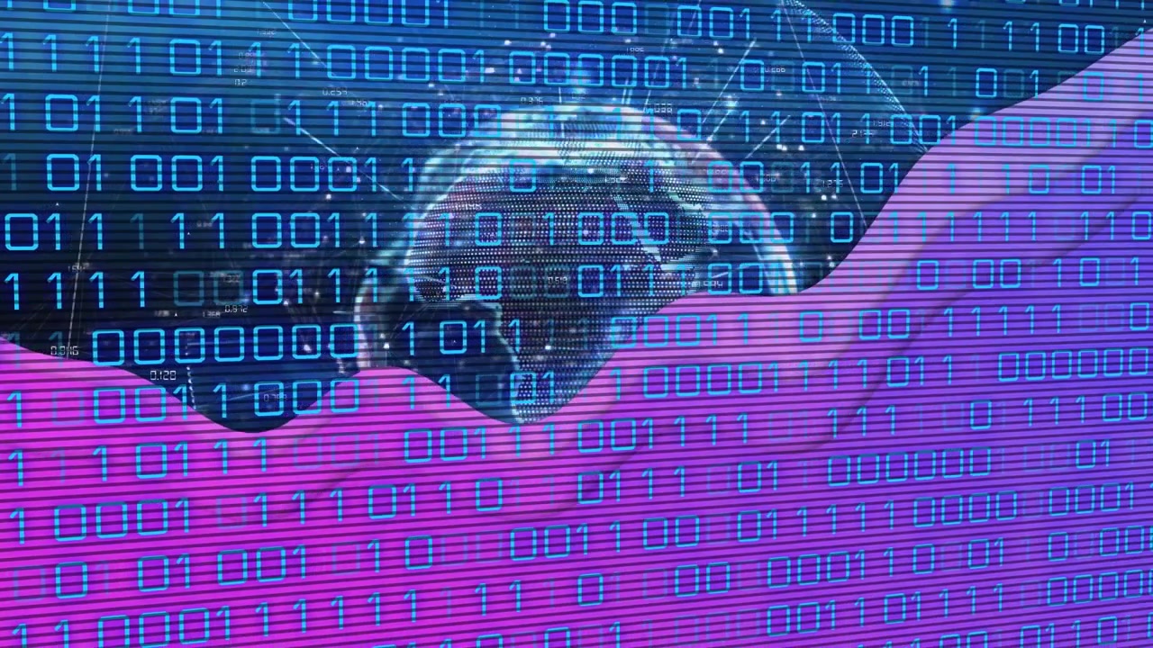 Animation of data processing over globe on blue background