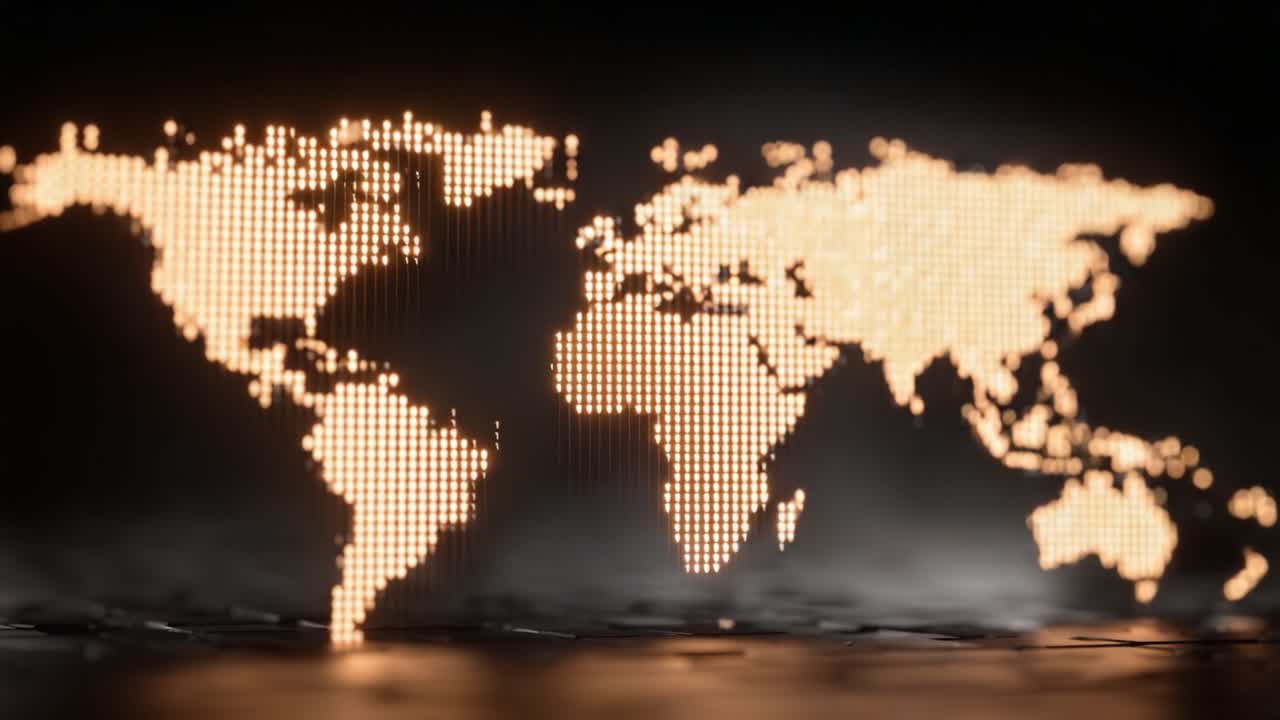 A Stunning Transition of a Digital World Map Illuminated by Glowing Lines and Dots, Showcasing the Transformation of Technology through Visual Representation
