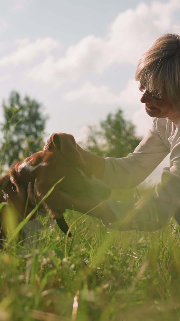 잔디에 앉아있는 개 주인이 애정으로 개의 머리를 문지르면서 개는 밝은 빛의 날, 울창한 초록색으로 둘러싸인 채 입을 즐겁게 열고 있습니다.