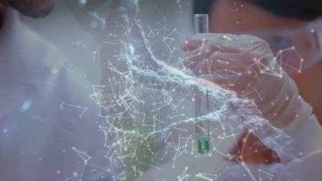 científicos rodeados de hélice de adn y conexiones de datos
