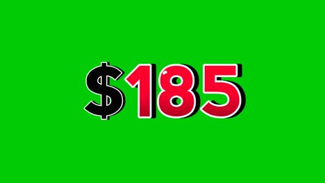 animation number $185 dollar sign motion graphics with smoke effect green screen background vibrant red numbers. video 3d effect with shadows for video elements business concept