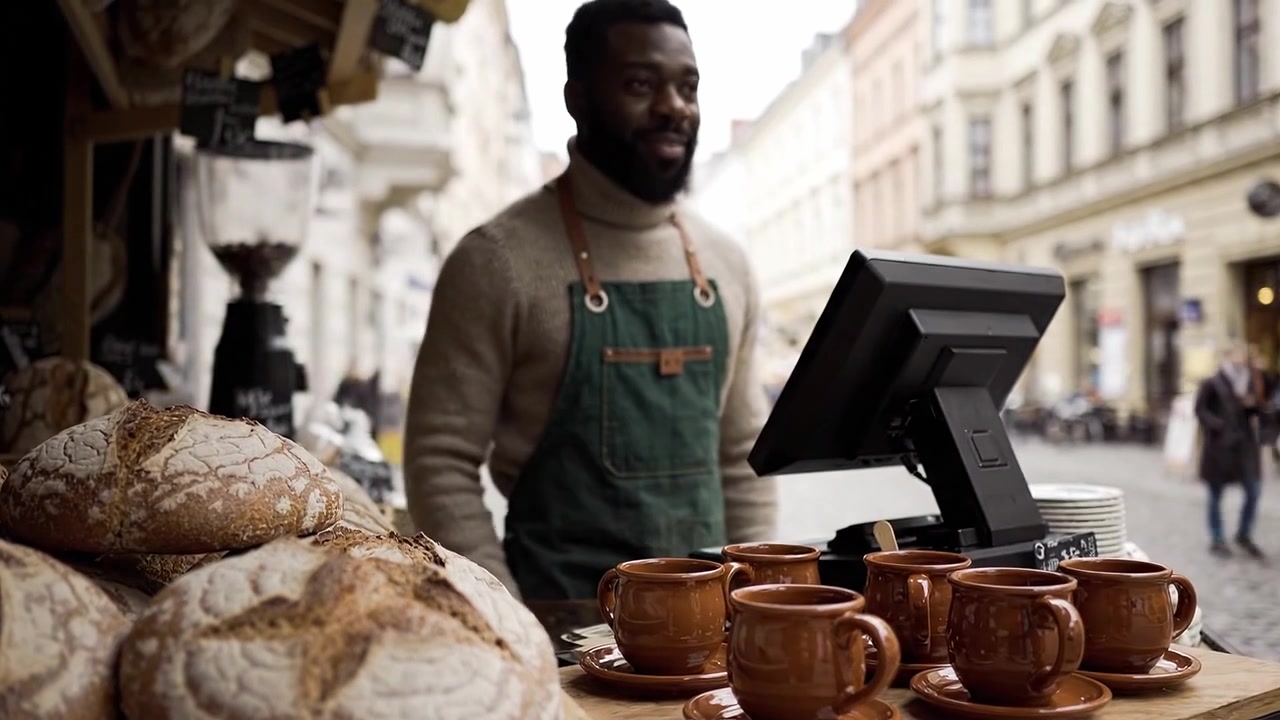Un Barista Amichevole presso un Banco di Panetteria che Serve Pane Fresco e Caffè Caldo in una Strada Affollata con un'Atmosfera Calda e una Deliziosa Esperienza Culinaria all'Aperto