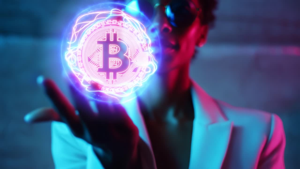 A Modern Vision of Finance: An Individual with Stylish Sunglasses Showcases a Glowing Bitcoin Symbol, Representing the Future of Cryptocurrency and Digital Currency Innovation