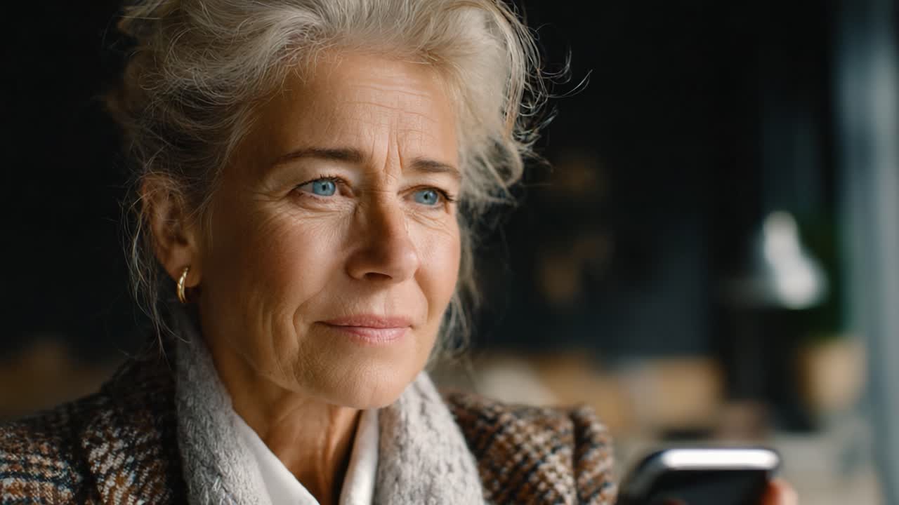 Contemplative Moments: A Thoughtful Mature Woman Engaging with Her Smartphone in a Quiet, Reflective Atmosphere, Showing Emotions of Curiosity and Diligence