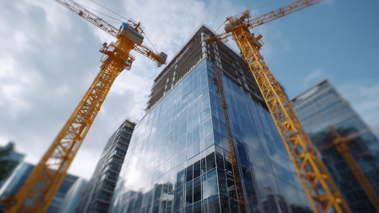 Construction of a Modern High-Rise Building with Cranes and a Blue Sky Overhead, Showcasing Urban Development and Architecture in Progress