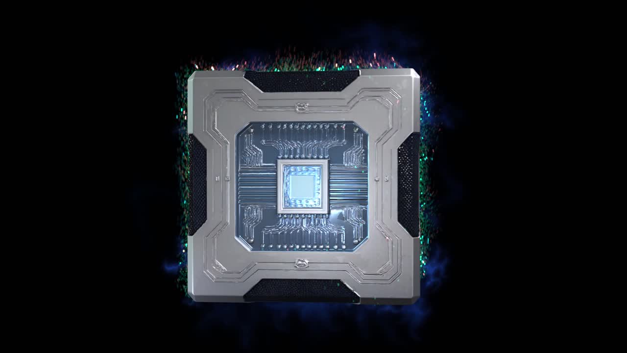 Futuristic 3D sci-fi quantum cube design 01, with metallic panels, embedded circuit patterns, and glowing energy accents on a dark background. Ideal for AI, quantum computing and sci-fi concepts