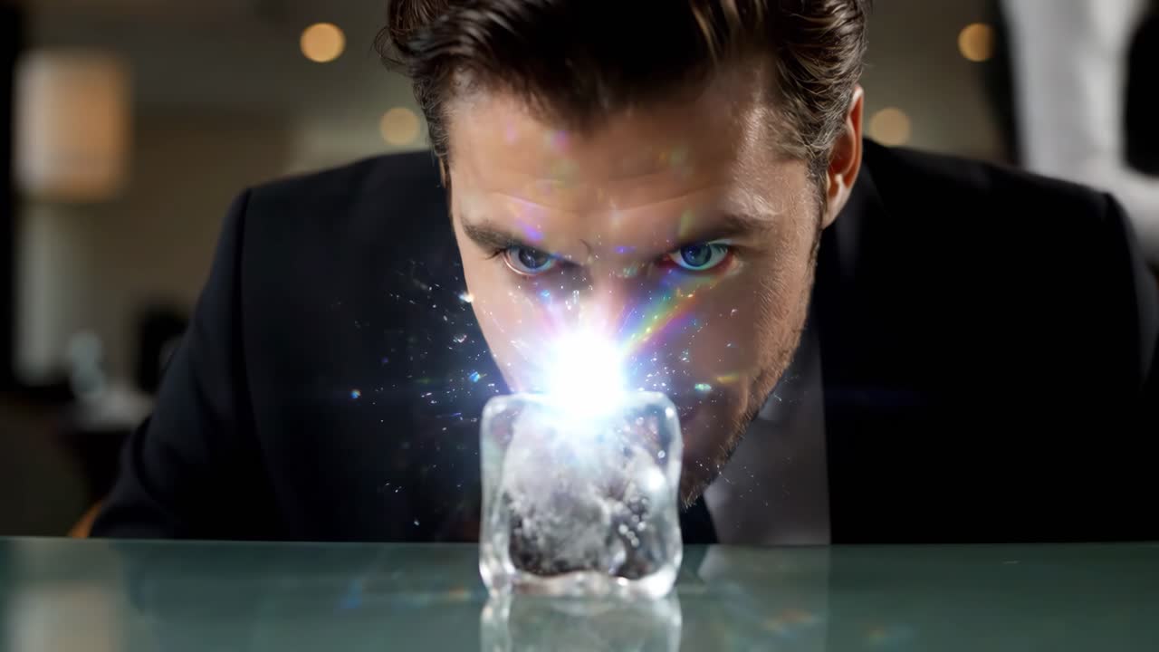 Man looking at sparkling ice cube served by waitress