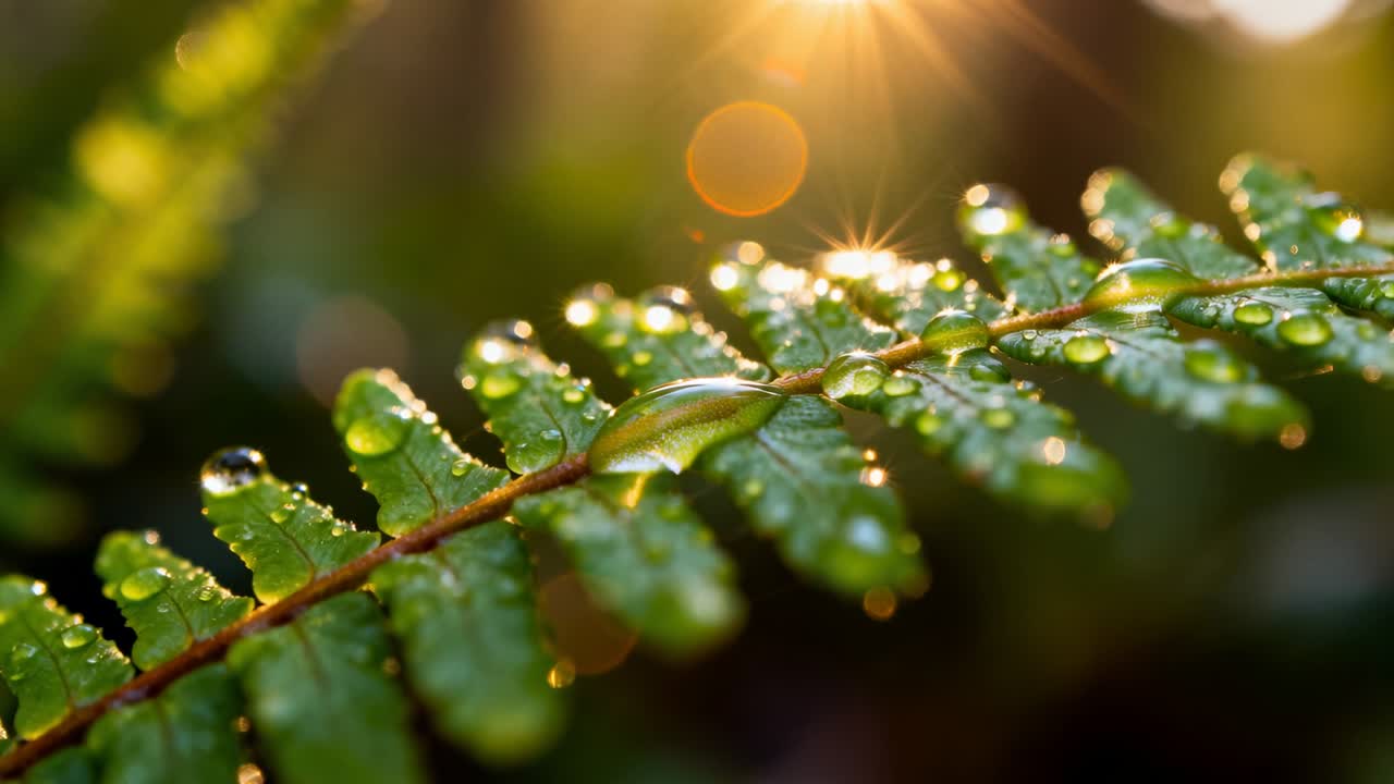 Mudança de foco e sol baixo criando orvalho cintilante na nervura de uma samambaia no jardim, com estrela solar.