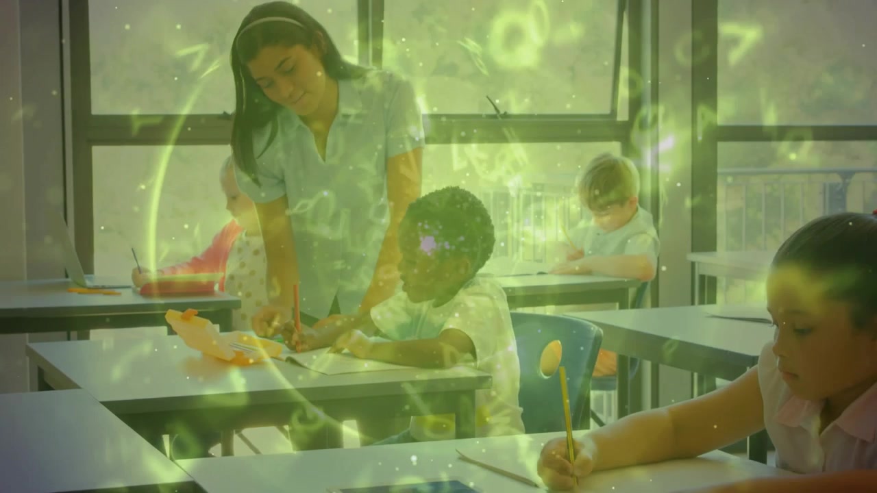 Teacher entering, leaning over boy and guiding math writing while numbers drifting over desks