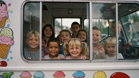 joyful children in an ice cream truck: smiles and happiness radiating from a group of kids enjoying a sweet treat experience
