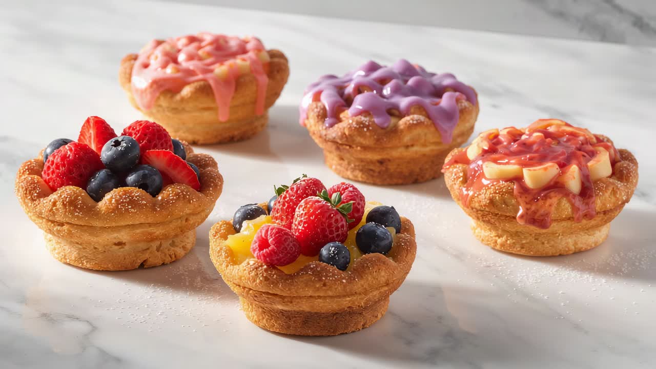 Sliding camera pushing in and emphasizing five mini fruit tarts on marble slab, with glaze shine