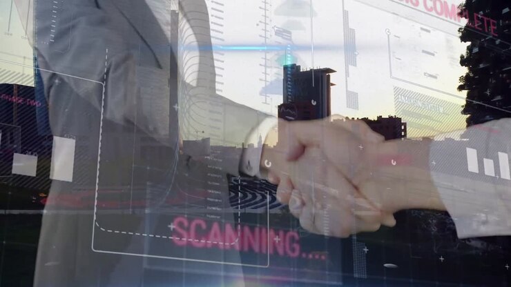 Animazione di scansione e dati su uomini d'affari di diverse etnie che si stringono la mano e paesaggio urbano