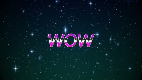 Animation-of-wow-text-in-pink-letters-over-glowing-stars-and-spots-of-light
