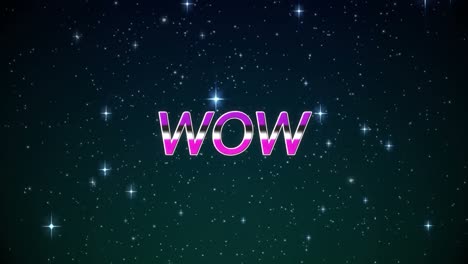 animación del texto wow en letras rosadas sobre estrellas brillantes y puntos de luz