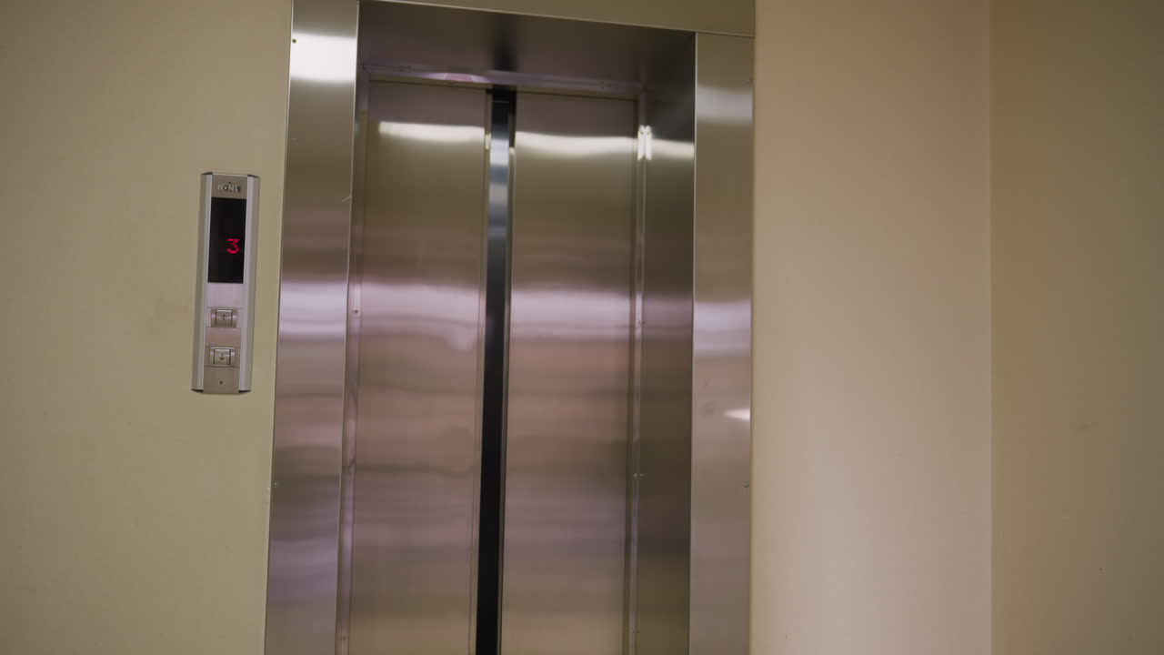 Empty elevator doors open, elevator on third floor, modern interior, sleek metal design, waiting for passengers, elevator display showing floor number, corporate building, quiet setting