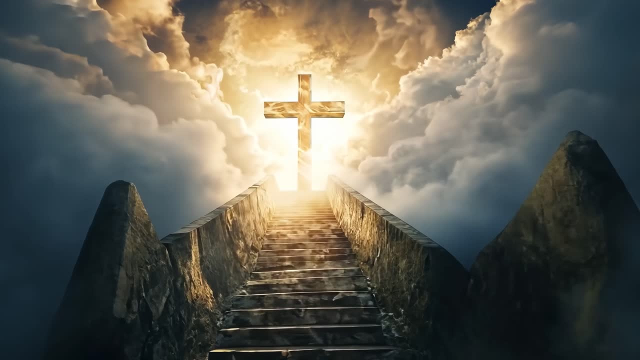 Dramatic video concept with a low-angle view of a glowing cross atop stairs, surrounded by clouds
