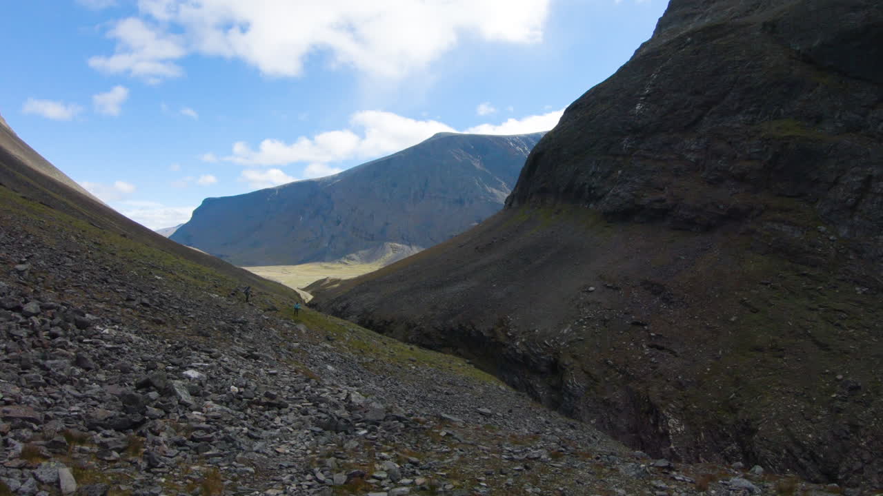 Static shot of big mountains near the famous waterfall, Silverfallet, Sweden.