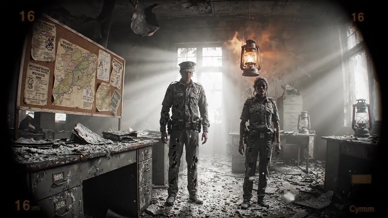 Desolate Room with Two Figures Amidst Shell Casings and Dusty Atmosphere Illuminated by Lantern Light, Depicting a Scene of Conflict and Survival