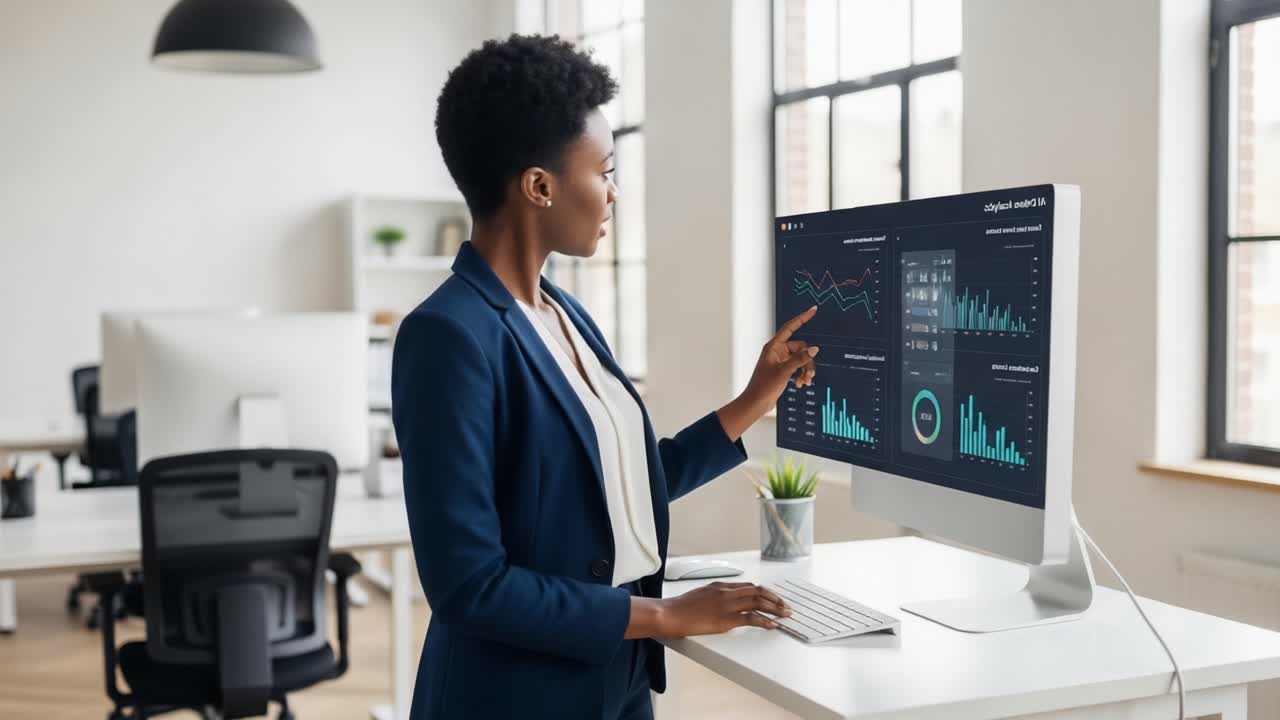 Professional Woman Analyzing Data on Screen in Modern Office Setting, Focusing on Graphs, Metrics, and Insights to Drive Business Decisions and Strategic Planning