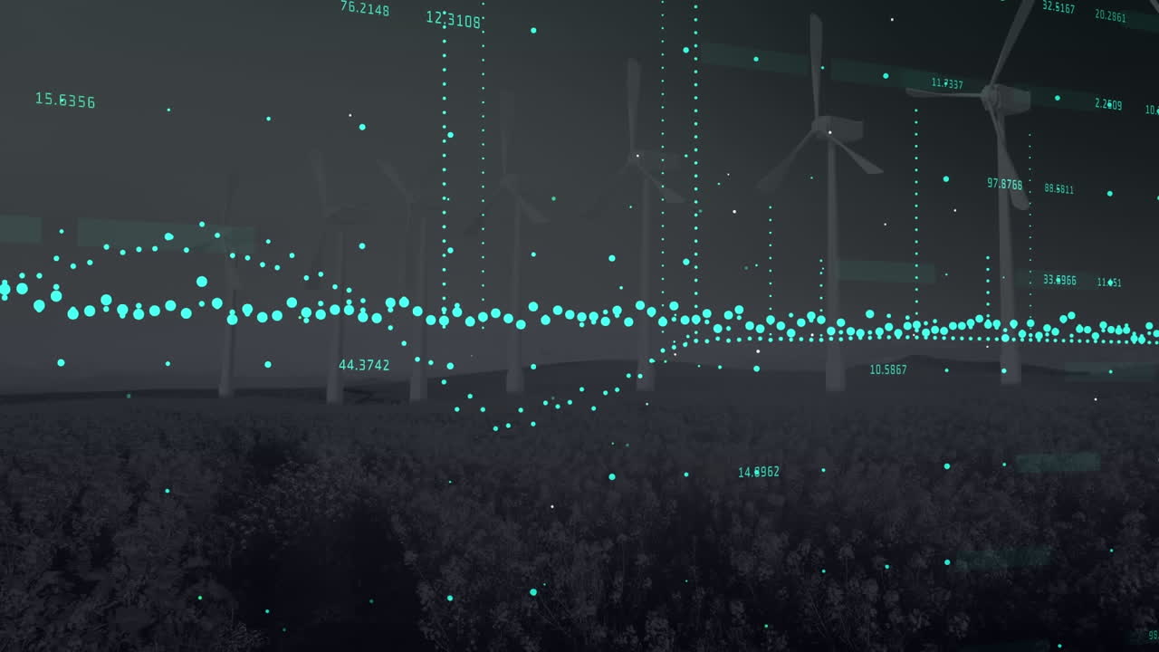 Animation of financial data processing over wind turbines