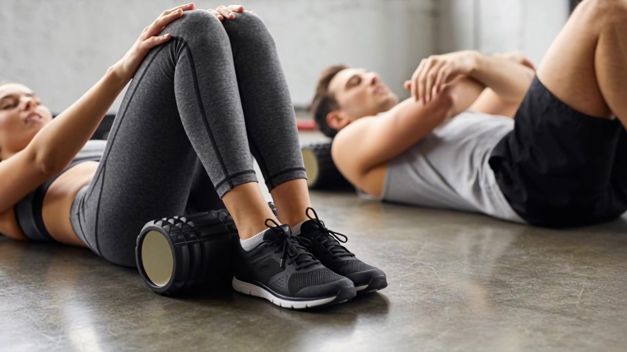 Starting with foam roller under legs, couple doing crunches at gym in grey gear for mobility