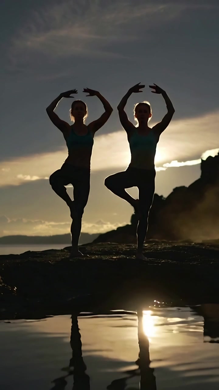 Video verticale: Al tramonto, due ballerine in body che praticano pose coordinate su una roccia, in una pozza di marea.