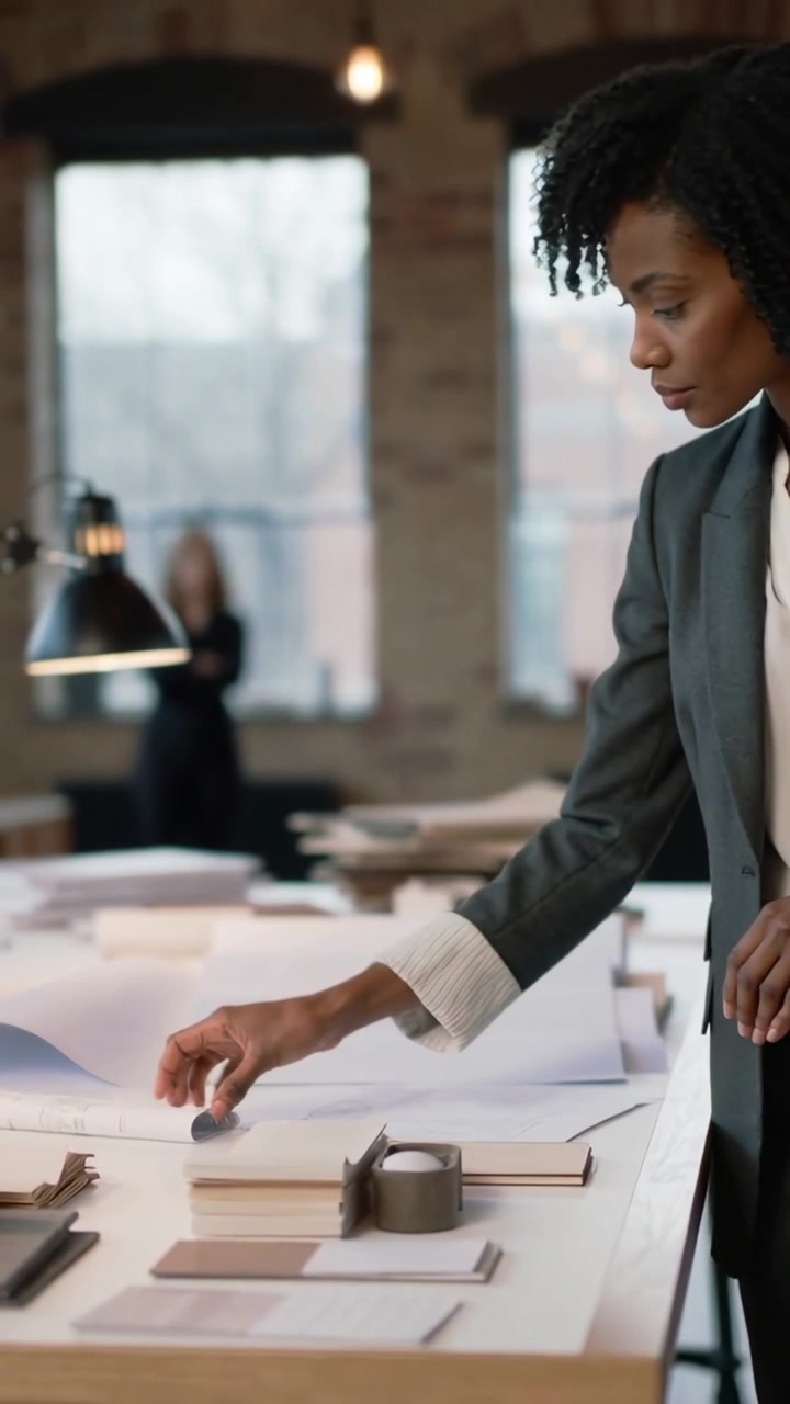 Vertical video: Placing hand woman in dark blazer sorting plans on loft table for review