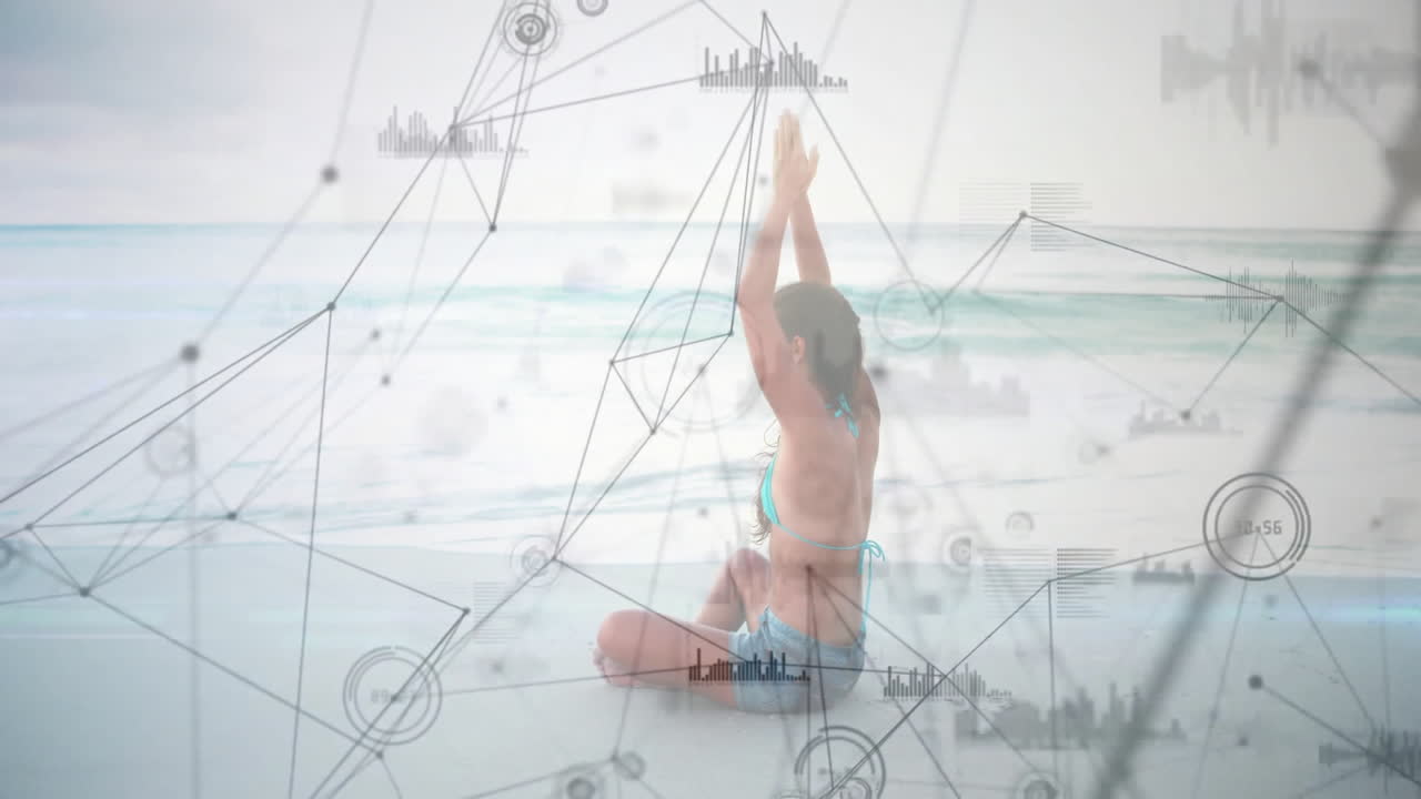 Yoga on beach with digital network and data processing animation overlay