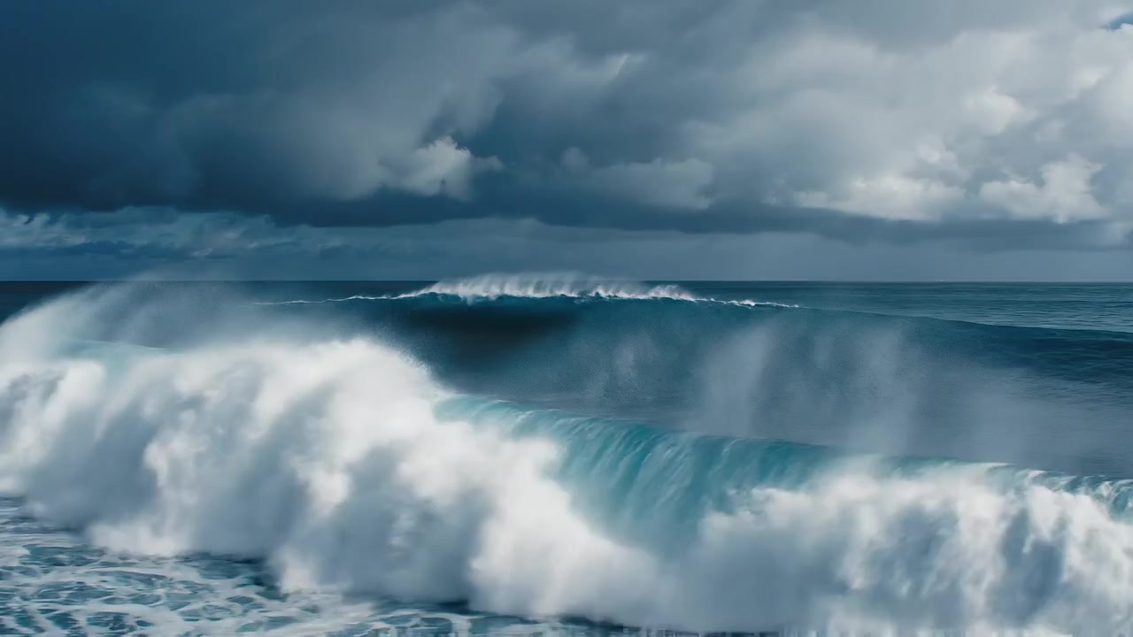 Powerful crashing ocean wave under dark dramatic stormy clouds