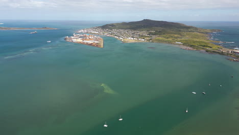 High-angle-drone-view-over-Bluff-harbour,-Southland-region,-New-Zealand