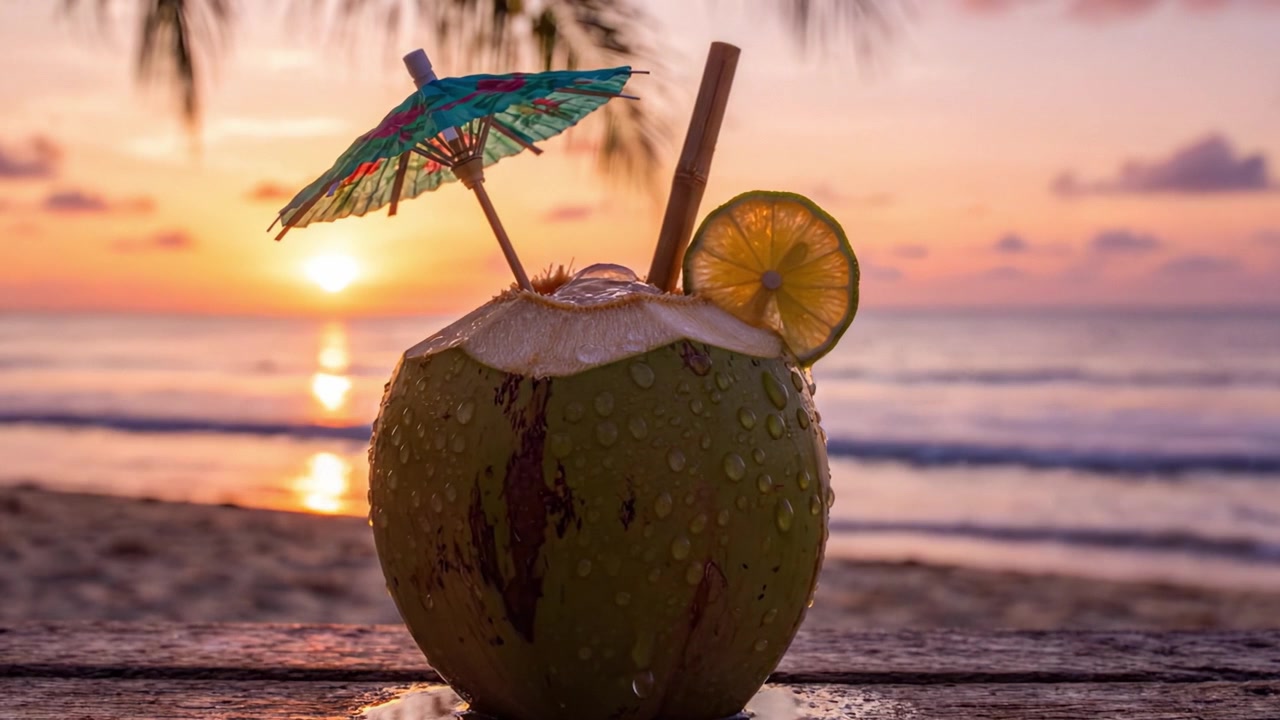 Refreshing Coconut Drink Surrounded by Tropical Scenery as the Sun Sets Over the Ocean, Capturing the Essence of a Relaxing Beach Evening