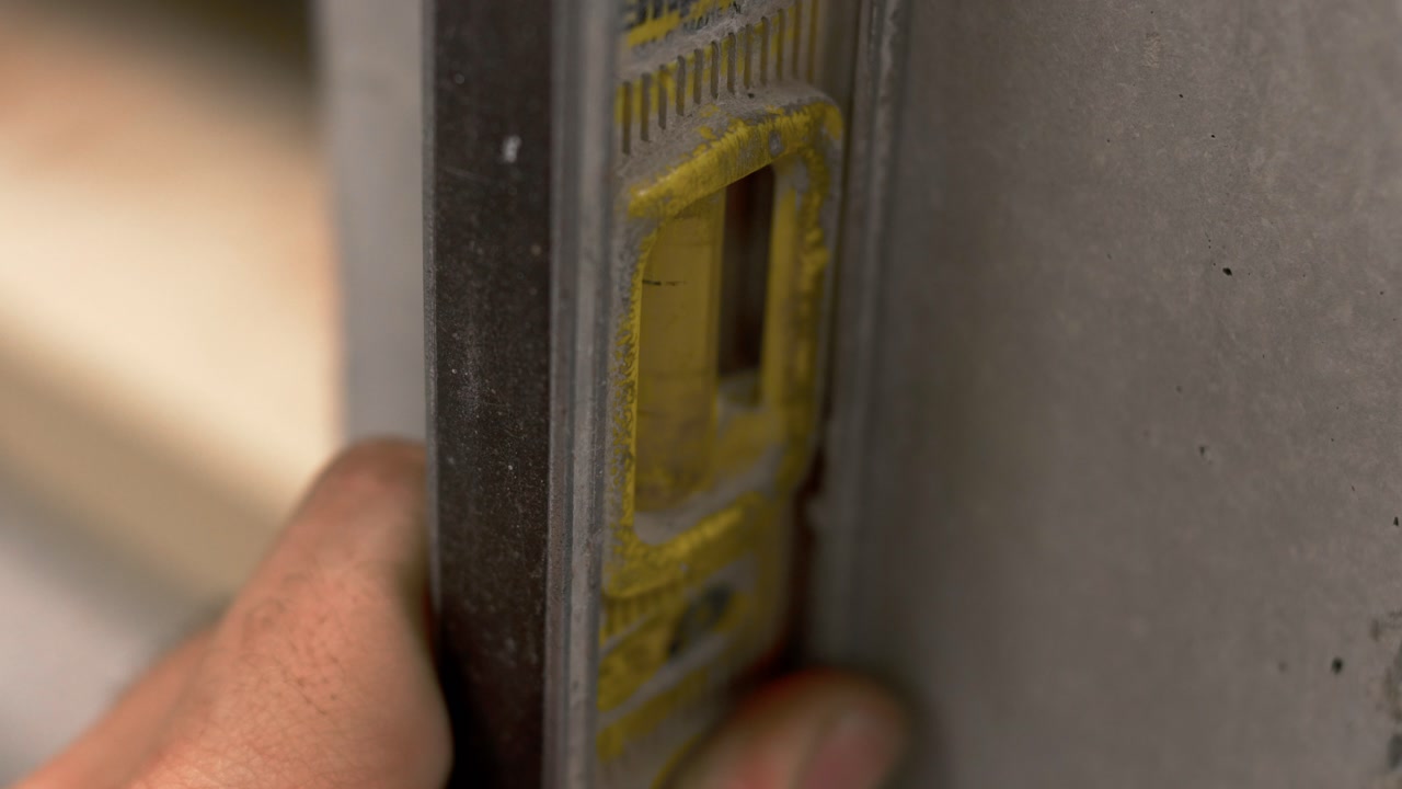 Close-up of spirit level with centered bubble checking alignment on concrete surface.