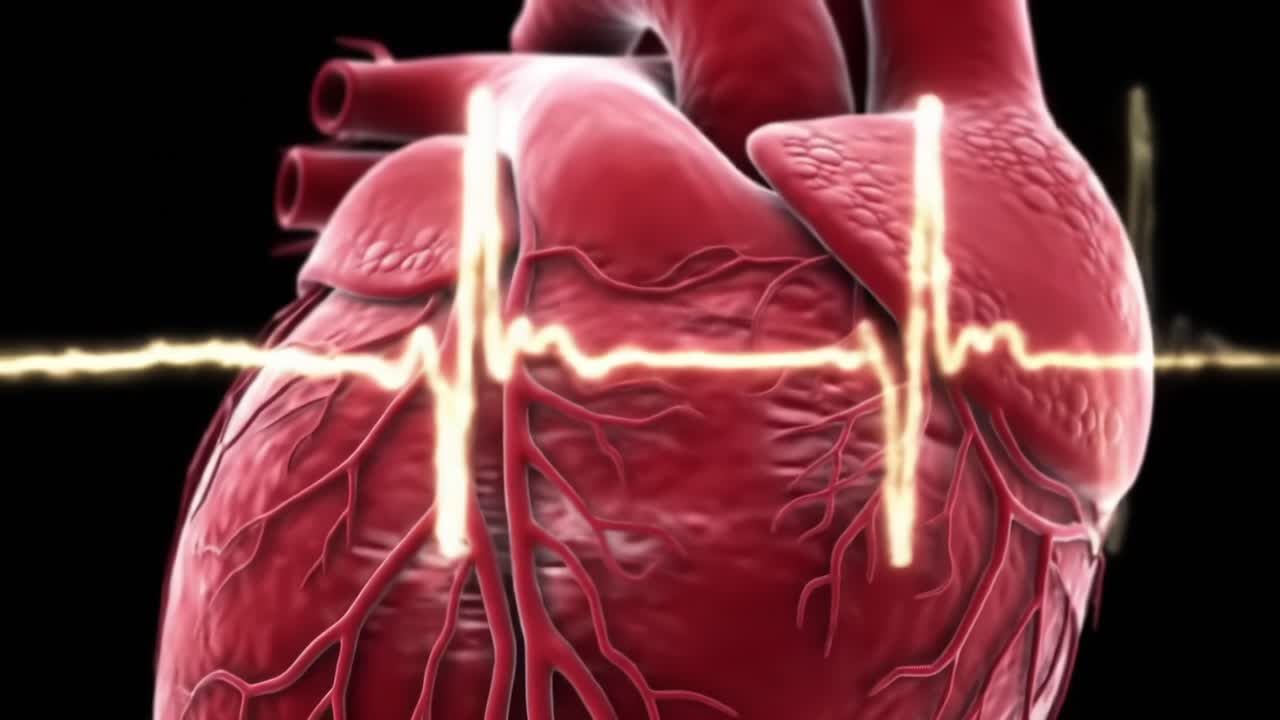 Detailed Anatomical Rendering of Human Heart Showing Arteries and Electrical Activity for Illustrative Medical and Educational Purposes