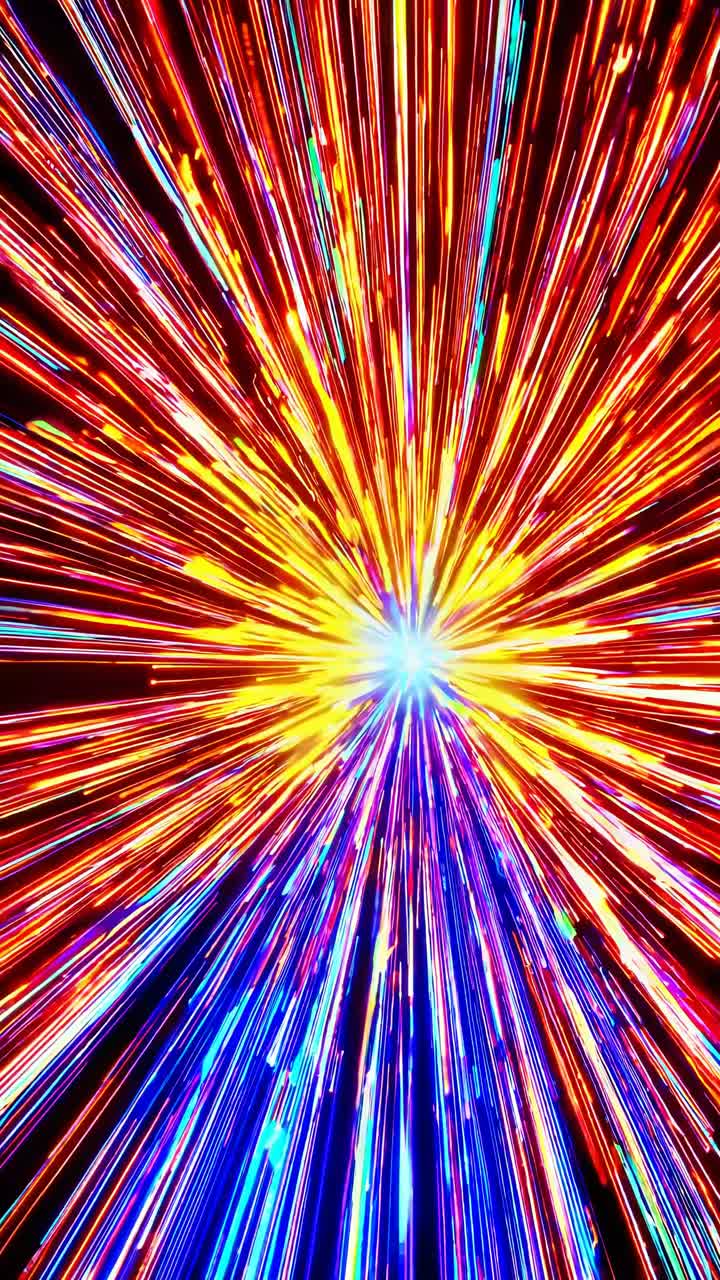 Dynamic burst of colorful light streaks radiating from a central point, captured from a front-facing